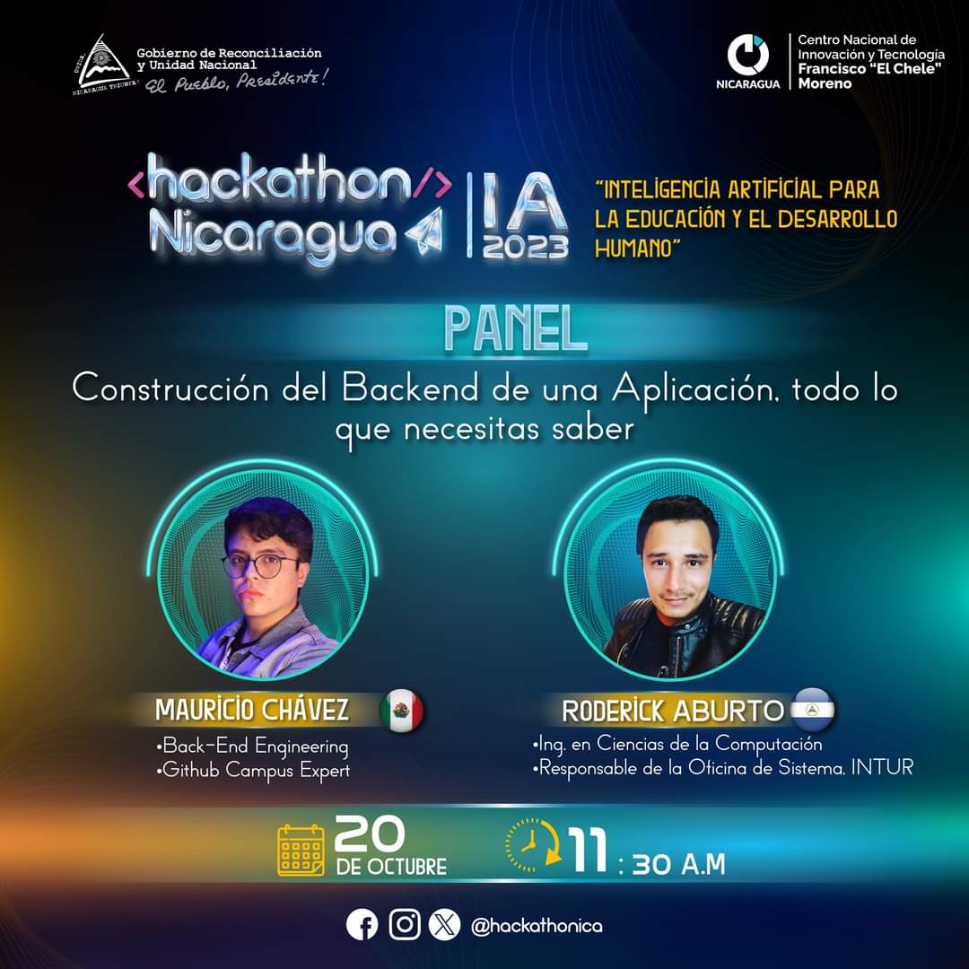 👾 Descubre con expertos todo lo referente a la construcción del Backend de una aplicación 🎮

🤖 Regístrate en: hackathonicaragua.com.ni/eventos/constr… 

🧠📆 Día: 20 de octubre 
🕣 Hora: 11:30 A.M.
📍 Lugar: Centro de Convenciones Olof Palme