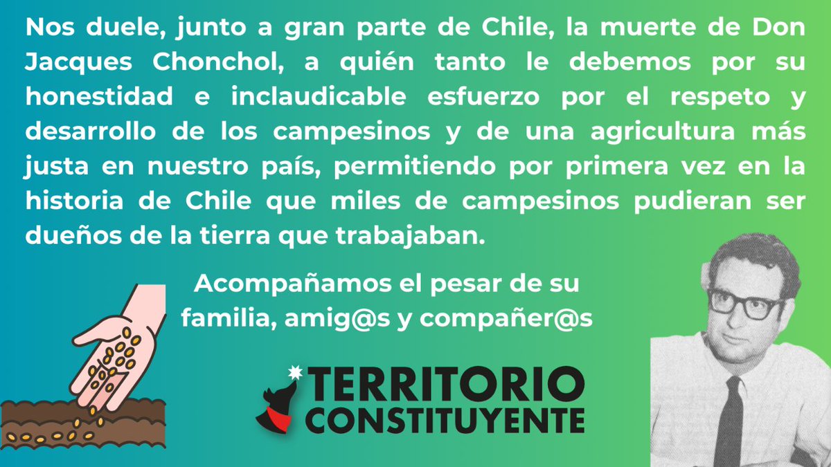 Nos duele la muerte de Don Jacques Chonchol, a quien le debemos mucho por su lucha por un trato justo a campesinos en Chile, logrando q miles fueran dueños de su tierra. Acompañamos el pesar de su familia, amig@s y compañer@s.