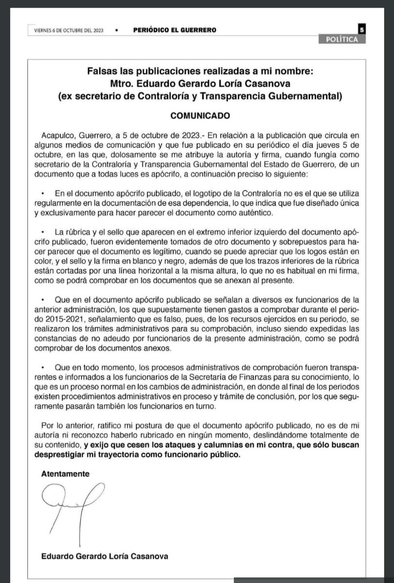 .@perioElGuerrero publica la aclaración de una nota falsa, derivada de un documento apócrifo manejada hace dos días, en el mismo medio y página. Siempre estaremos atentos a responder mentiras y actos de mala fe. Recuerden lo que tanto repiten, NO MENTIR, NO ROBAR y no traicionar.