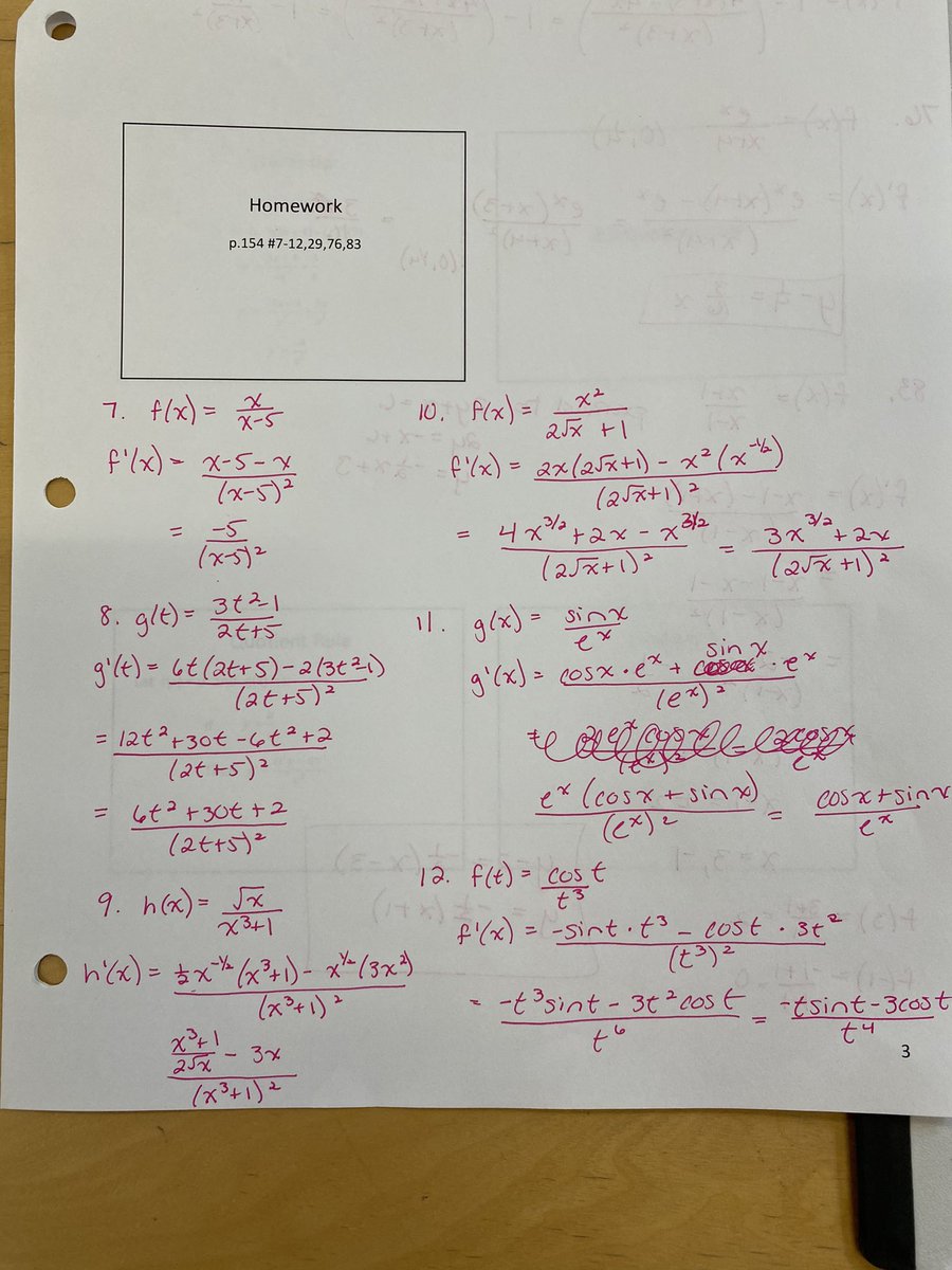 schwartzhmhs's tweet photo. Calc quotient rule practice and homework https://t.co/UbGNSw1dEy