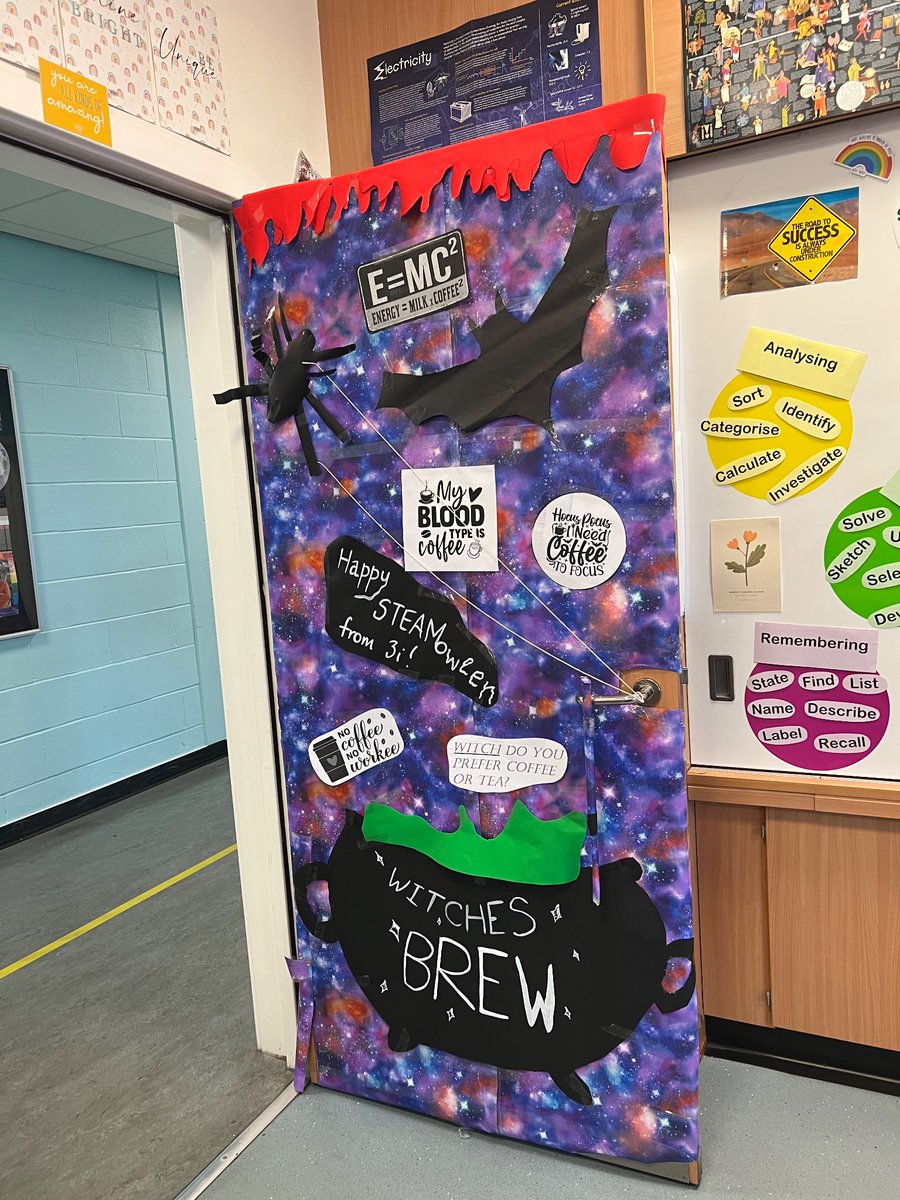 Thanks for a great morning @BishopbriggsFCS at the @macmillancancer #MacMillanCoffeeMorning ☕️ and well done to S3 STEAM for their creative door display! 🧡🖤💚🎃👻