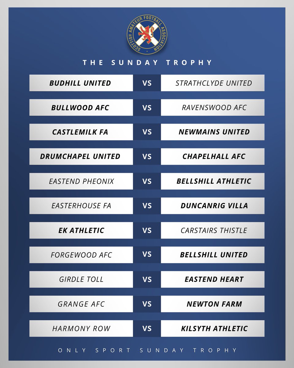 FCSAFL's tweet photo. 𝗜𝘁'𝘀 𝗦𝘂𝗻𝗱𝗮𝘆 𝗧𝗿𝗼𝗽𝗵𝘆 𝗪𝗲𝗲𝗸𝗲𝗻𝗱 🙌

The 1st round of the Sunday Trophy kicks off this Sunday. Below are all the fixtures from our league setup. If you fancy taking a game in DM our page and we'll give you the match details.

#UpForTheCup | #FCSAFL https://t.co/psZUKr2sXL