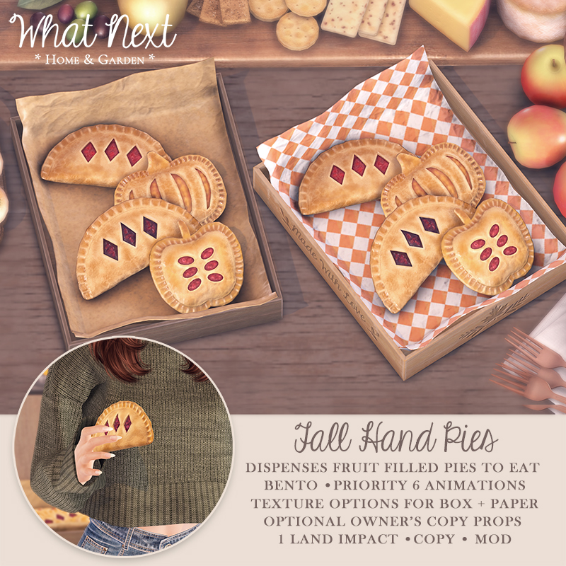 What_Next_Shop's tweet photo. We've new Fall fruit-filled hand pies for this week's Fifty Linden Fridays, available at the mainstore and also on the Marketplace. Hope you like them! 🍎🎃🥧

#secondlife #fiftylindenfridays https://t.co/YOeX0Xsjly