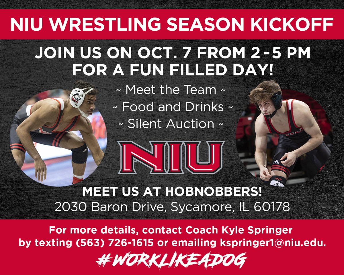 RyanLudwigNIU's tweet photo. Join us tomorrow, October 7th from 2pm-5pm at Hobnobbers in Sycamore for the annual NIU Wrestling Season Kick Off Event!  Great food, drinks, meet the team and a huge silent auction with an incredible assortment of items and experiences up for bid!! https://t.co/SZTrc5WLNb