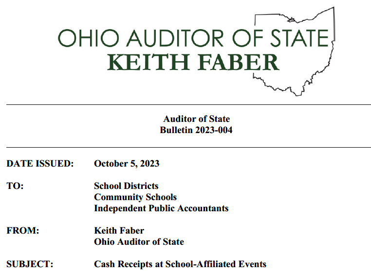 BrickerEdLaw's tweet photo. The Ohio Auditor of State released bulletin 2023-004 to provide guidance on proper handling of cash receipts at school-affiliated events. https://t.co/RtbZ2RiPRk https://t.co/jAVlL3tkW9