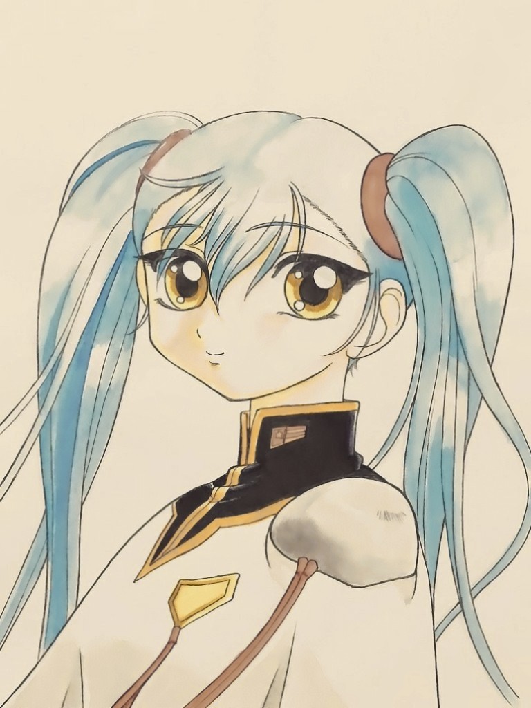 1girl solo twintails 1990s (style) retro artstyle yellow eyes blue hair  illustration images