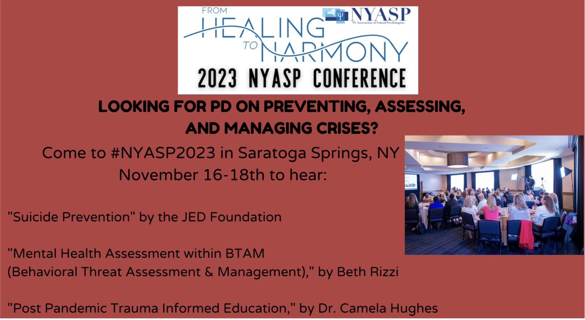 Looking for PD on the assessment, prevention, or management of crisis?? Come to #NYASP2023 to hear the Jed Foundation “Suicide Prevention”, @bethrizi speak about the BTAM, and Dr. Camela Hughes “Post Pandemic Trauma Informed Education” register now nyasp.wildapricot.org/Conference-2023