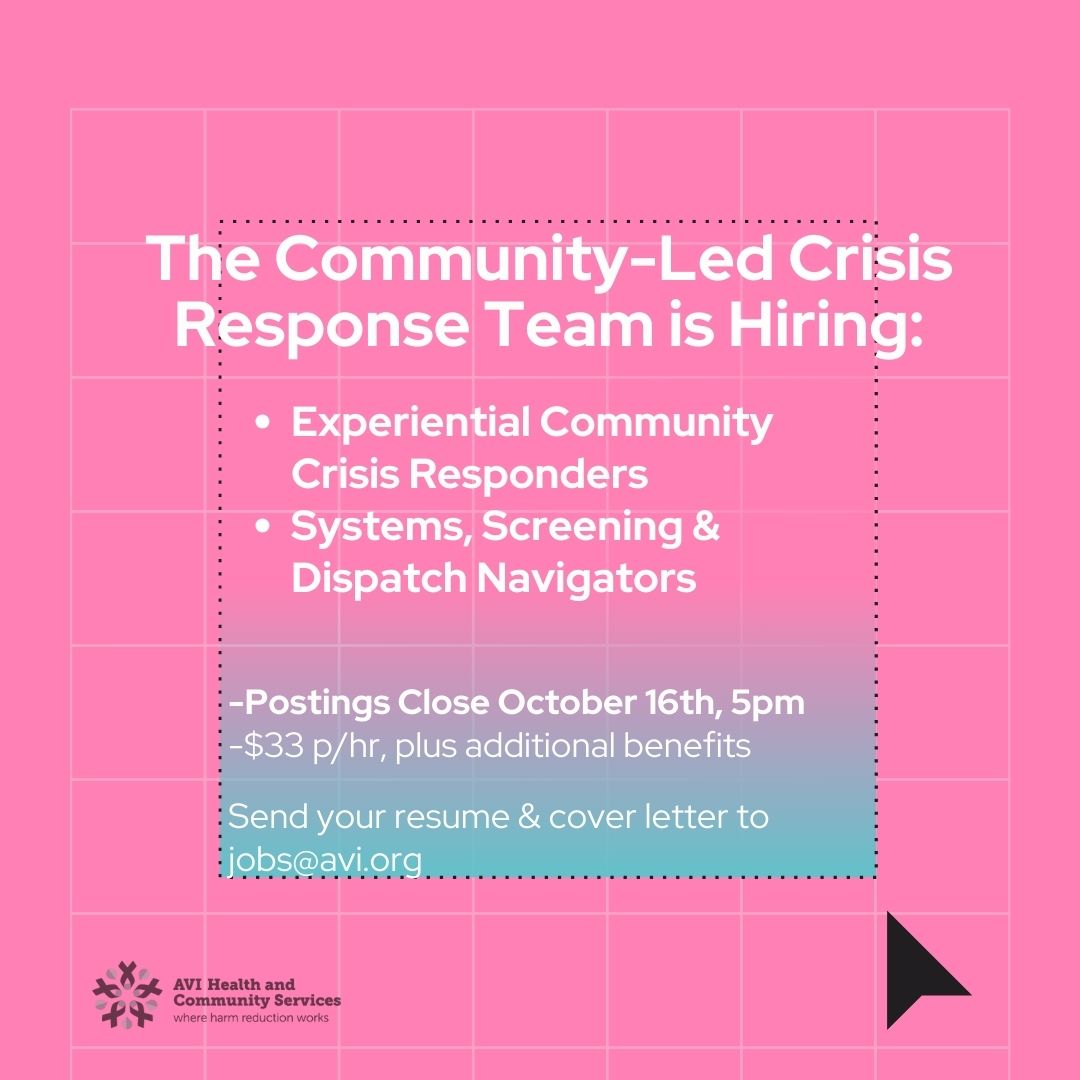 Our new Community-led Crisis Response Team is hiring - multiple lines, multiple positions. Details: avi.org/about-us/caree…
