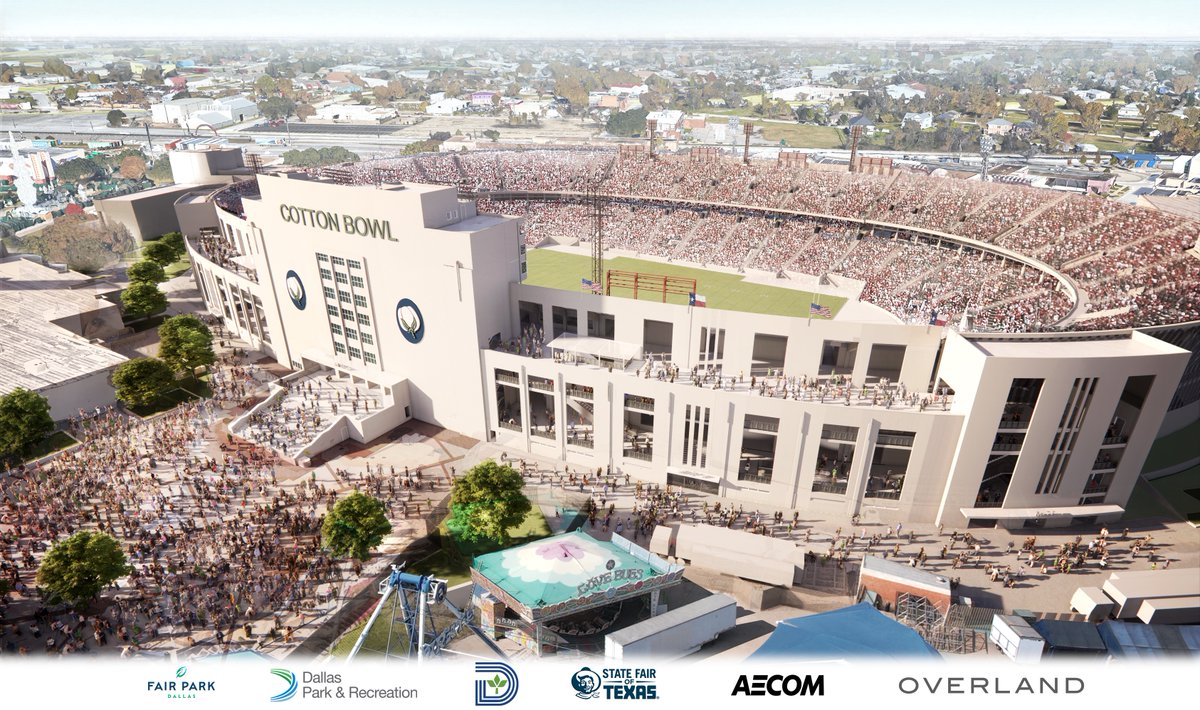 One year ago, we got our first look at <a href="/OverlandPartner/">Overland Partners</a>'s renderings of the Fair Park of the future: bit.ly/3F6x3wl 

Today, we get a first look at the Cotton Bowl of the future on the eve of another Oklahoma v. Texas game.