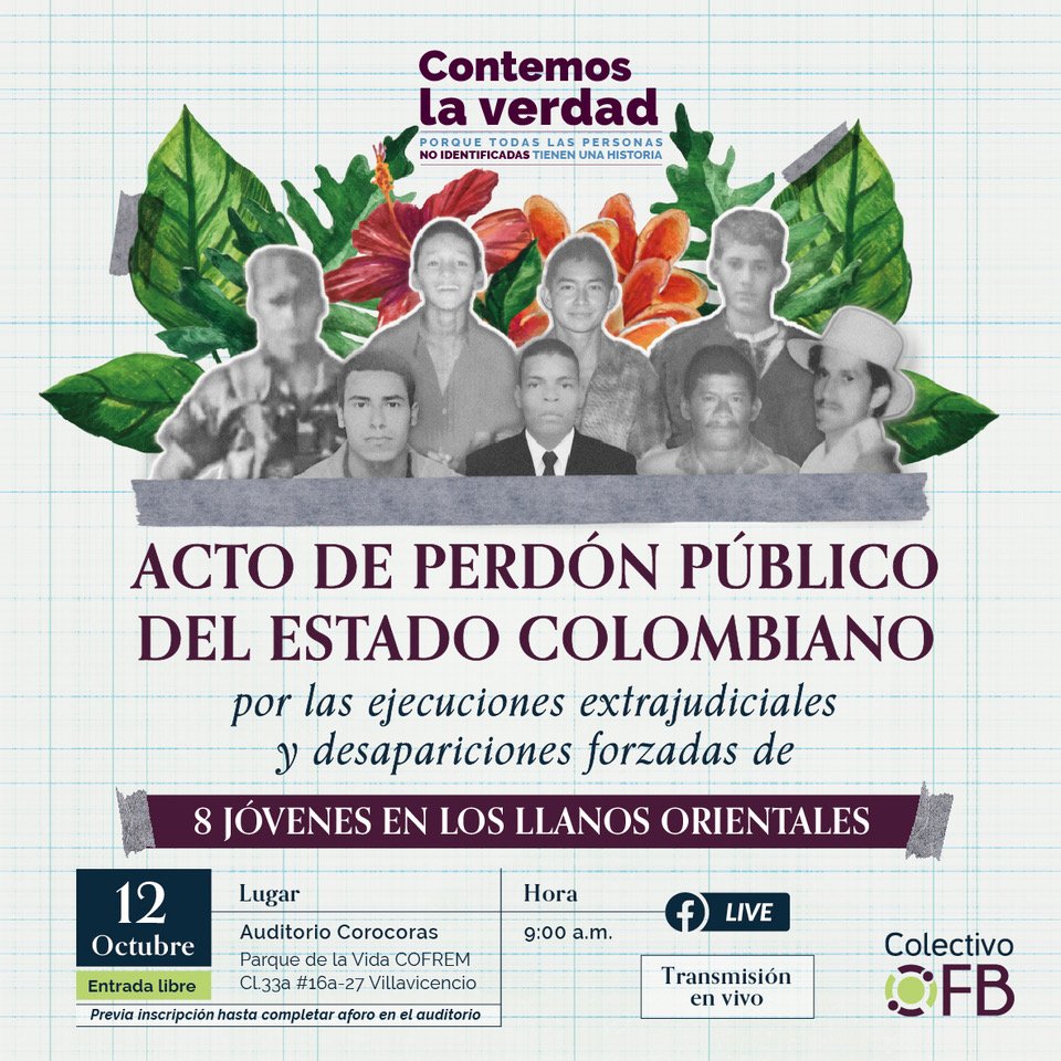 El próximo jueves en Villavicencio, el ministro de defensa, Iván Velásquez, en representación del Estado colombiano🇨🇴,  pedirá perdón 🙏público a las familias de 8️⃣ víctimas de ejecuciones extrajudiciales y desapariciones forzadas de los Llanos Orientales.