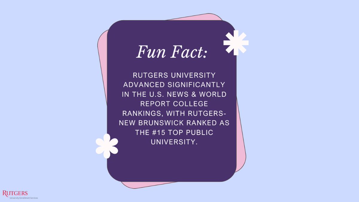 Fun Fact: Rutgers University advanced significantly in the U.S. News &amp; World Report college rankings, with Rutgers-New Brunswick ranked as the #15 top public university this year.
