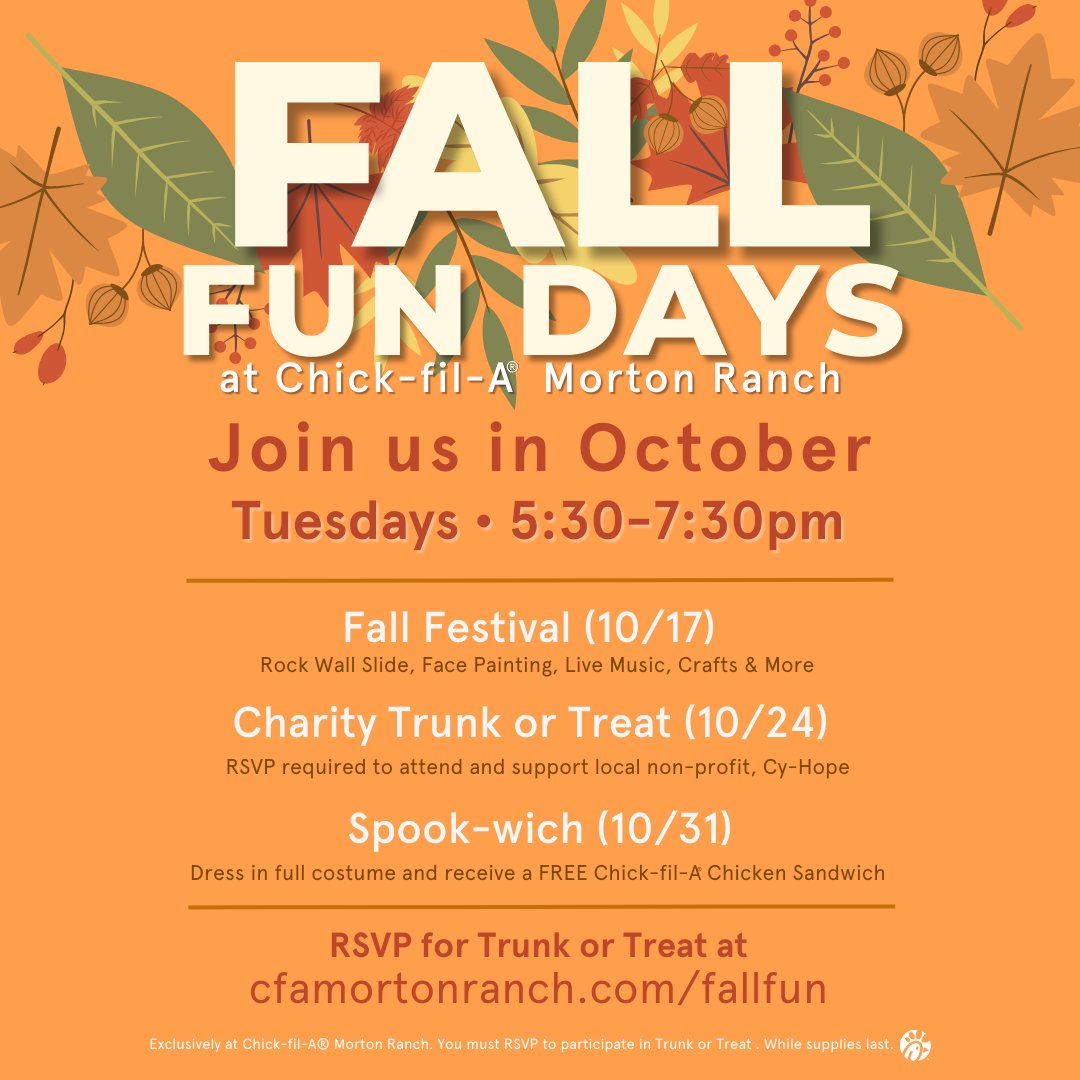CyHopeTX's tweet photo. Make sure to visit Chick-fil-A Morton Ranch for their Fall Fun Days! 🍂🧡🐄 https://t.co/oyTiOr0KnG