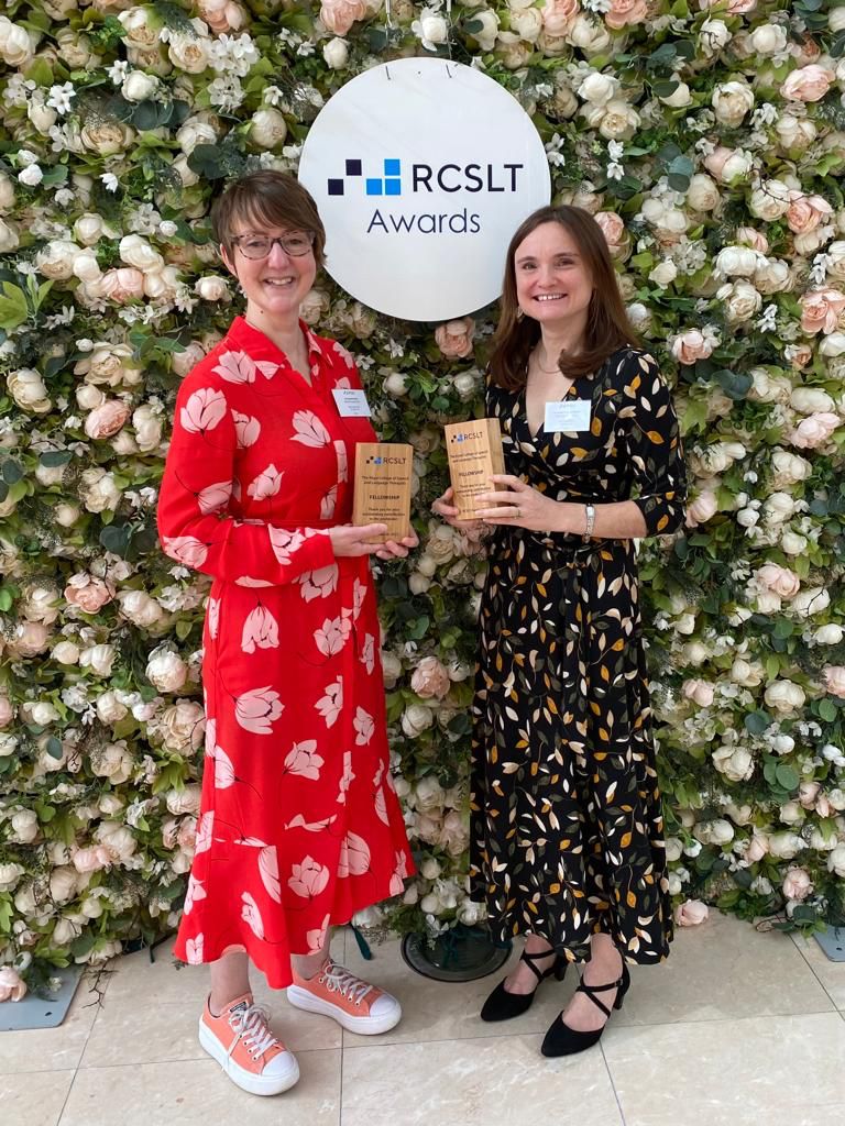 Today not one but two members of the team were awarded a fellowship of the @RCSLT for their research and its impact within #SLT - Rebecca @RPalmerSLT and Suzanne @BCAphasia Congratulations! 🎉🎉🎉 #RCSLTAwards