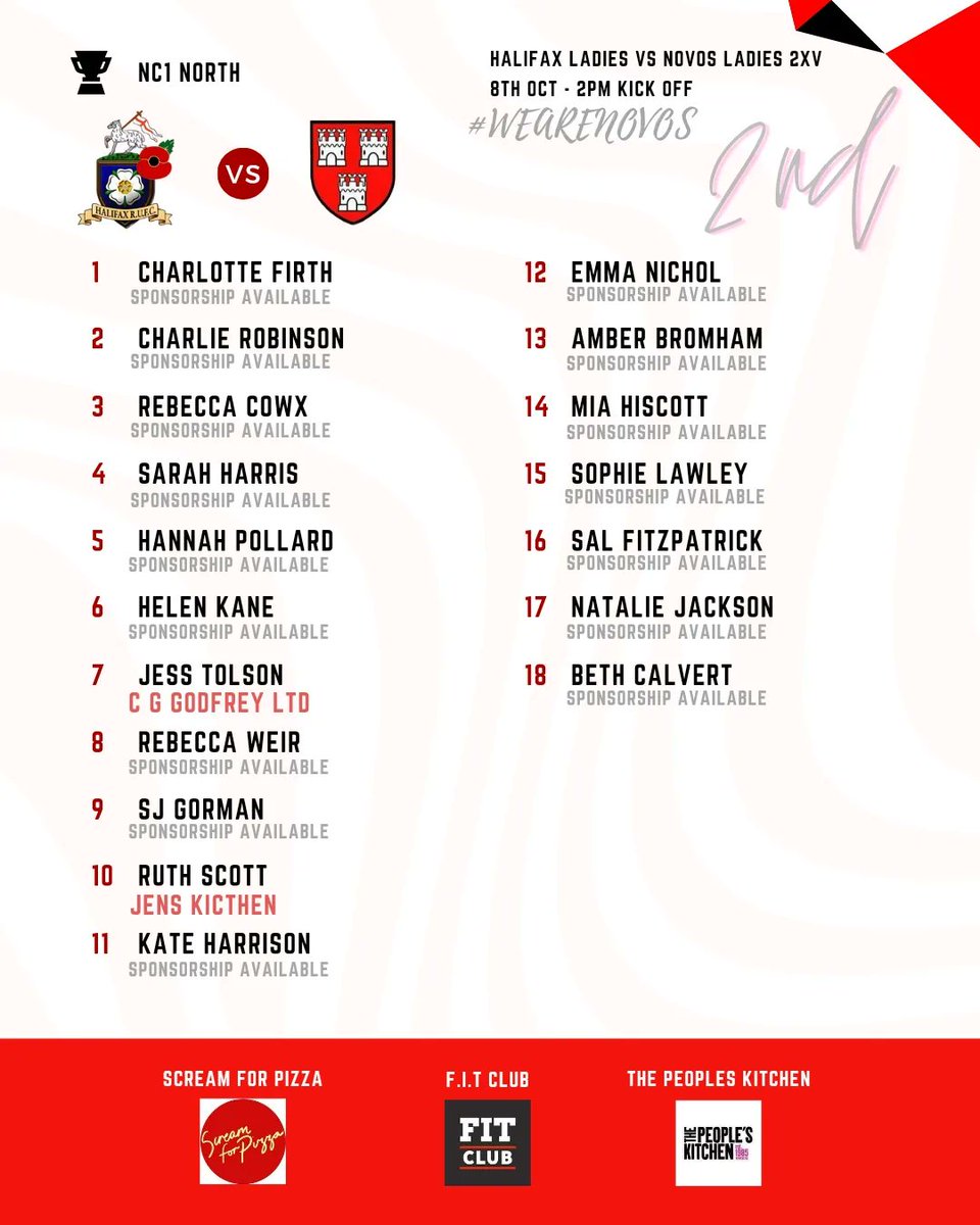 🔴⚪️⚫️TEAMSHEET⚫️⚪️🔴
Our squads for this weekend!

On Saturday, our 1st XV welcome Barnsley to Sutherland Park for what is always a very competitive game! 

On Sunday, our 2nd XV take a trip away to face Halifax for their 2nd league game of the season! 

#wearenovos