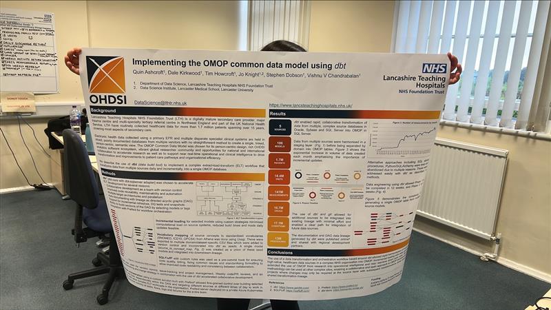 @LancsHospitals OMOP analytics engineer and lead data scientist, Quin holding our first of many, 'larger than life', #OMOP @getdbt poster before @timhowcroft posts it to the @OHDSI Global Symposium 2023. @stephend123 @KirkwoodDW @dsilancaster @HDR_UK @NIHRCRN_nwcoast