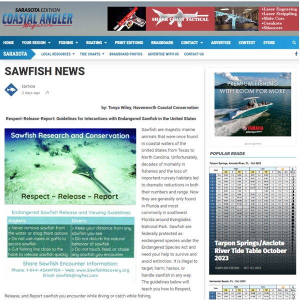 CoastalElasmos's tweet photo. #SawfishNews: #RespectReleaseReport guidelines for interactions with endangered #sawfish in the United States in Sarasota Coastal Angler Magazine at https://t.co/sf2zaNfZYq https://t.co/Lb5BROczuM