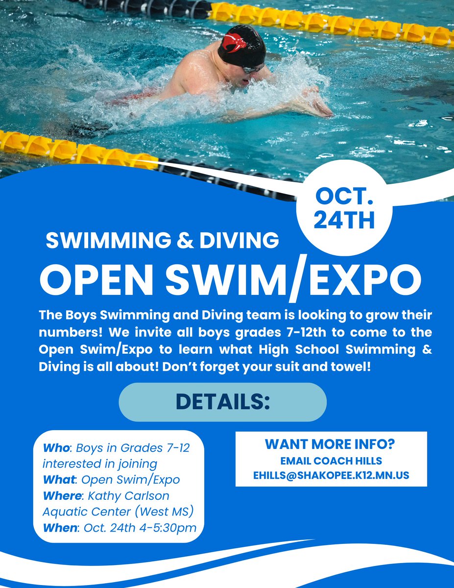 Attention all 7th-12th grade boys! Are you thinking about joining the swimming and diving team this season? Come to our Open Swim/Expo on Oct. 24th to meet the team, get in the water, and have some fun! 

#shakopeeschools <a href="/ShakopeeSchools/">Shakopee Public Schools</a> <a href="/SabersAD/">Shakopee Activities</a>
