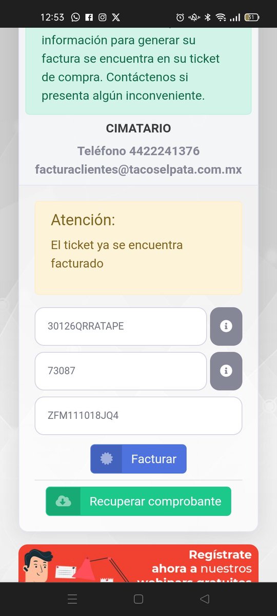 AngelicaAS15's tweet photo. @TacosElPata Quiero meter una queja.

El día 29 de septiembre visite el lugar,  consulte mi factura y me aparece un error. Les envié correo comentándoles el problema.
Y ahora no me quieren enviar la factura, cuando tengo derecho a solicitarla. @COFEPRIS @SATMX https://t.co/sY41rnXigN