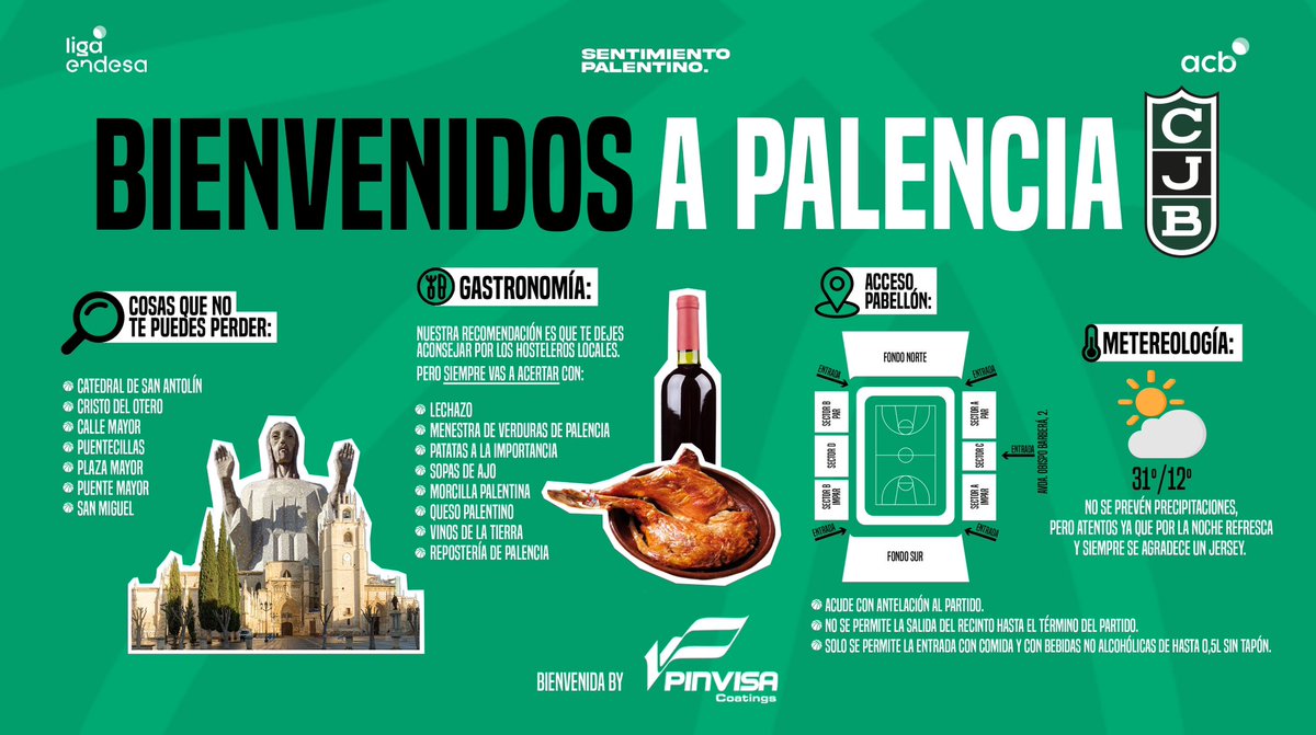 Palencia_Basket's tweet photo. 👋🏼 ¡Hola, @Penya1930! 
¡Hemos preparado esta guía para los aficionados verdinegros 🟢⚫️ que se desplacen este fin de semana a Palencia! 💜
¡BIENVENIDOS! 🤗 
#BienvenidaPinvisa https://t.co/HNwXER8Kd9