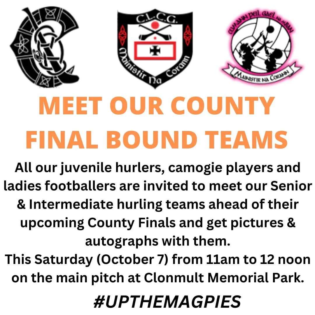 Don't forget...11am in the morning for all our young Magpies to meet their senior & Intermediate heroes....⚫️⚪️ Midleton Camogie Club Midleton Ladies Football Club