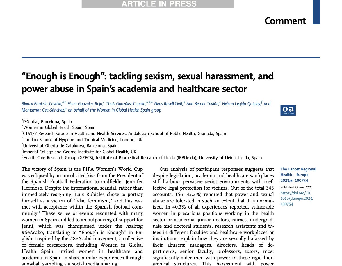 ♀️in Spain's academia and healthcare are speaking up!🗣️ 
73.6% reported feeling sexually harassed, and 28.7% felt sexually abused
We need to ensure that legislation is enforced and  environments become safe and supportive for 🚺
✒️@wghspain 
👉🏾bit.ly/3F7RM2S