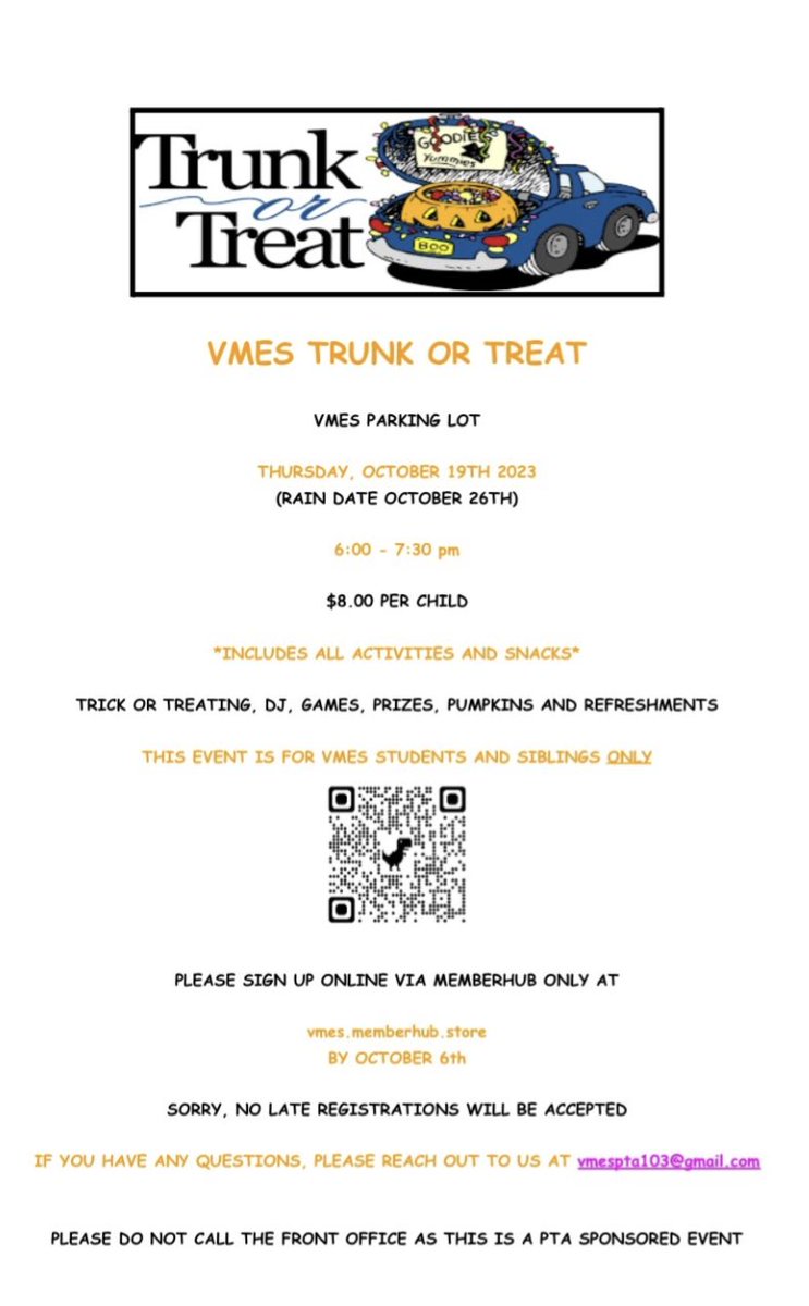 Today is the last day to register for Trunk or Treat. Please read the flyer carefully VMES.memberhub.store

If you would like to donate, visit m.signupgenius.com/#!/showSignUp/…

Please email vmespta103@gmail.com or FB message with any questions! Please do not call the office 💚💛