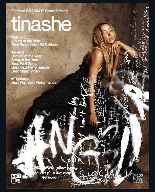 PopBase's tweet image. Tinashe’s For Your Consideration banner for the 2024 Grammys.