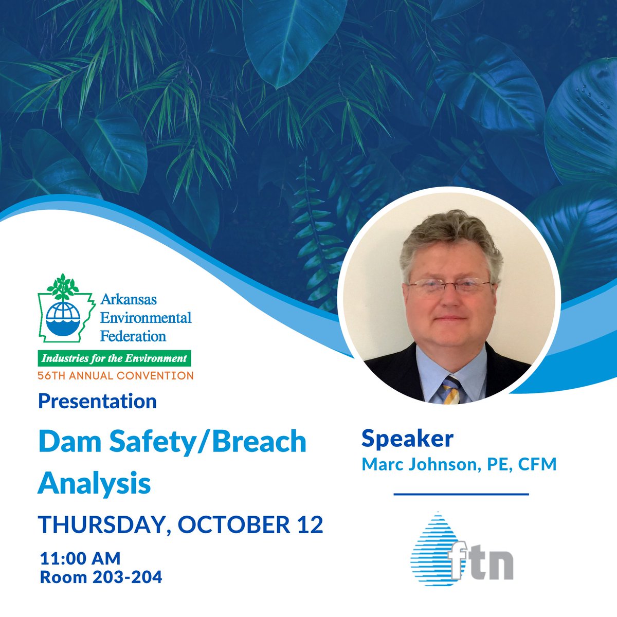 FTNAssociates's tweet photo. Will you be at the AEF Annual Convention next week? FTN Senior Water Resources Engineer Marc Johnson, PE, CFM, will be giving a presentation on Dam Safety/Breach Analysis on Thursday, October 12 at 11:00 AM in Room 203-204.  We hope to see you there! https://t.co/j5ZPnvFgcc