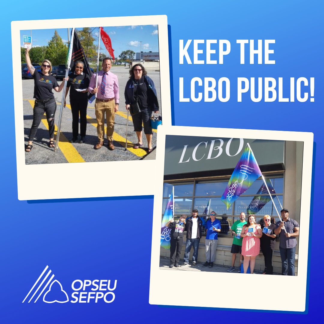 Today, <a href="/LCBO/">LCBO</a> workers in Oshawa and Windsor took action to say: Don’t let our LCBO become Doug Ford’s next multi-billion-dollar cash grab! 
Revenues from LCBO sales fund public education &amp; health care – let’s keep it that way. opseu.org/news/opseu-sef…
#OnPoli #OnLab