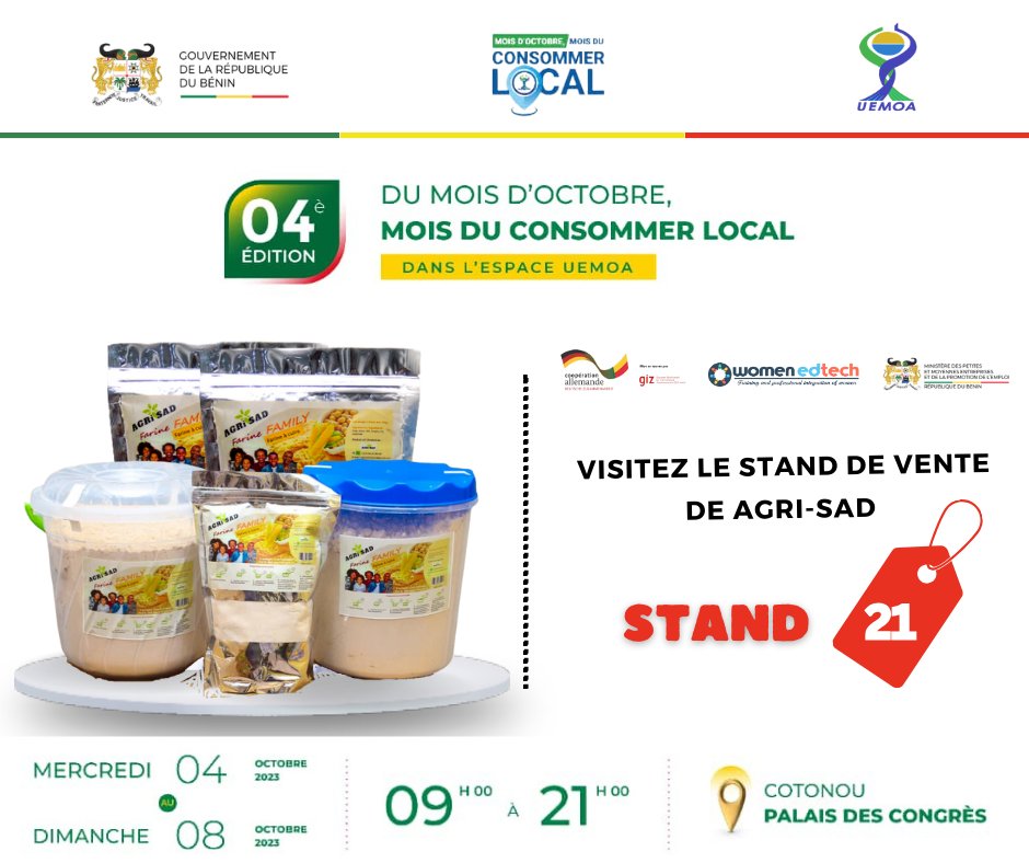 womenedtech's tweet photo. #BusinessGrowth - Des délices naturels pour un voyage gourmand🌟🍲

Au stand 2️⃣1️⃣, #agri-sad, #abdius multi services et #orya bénin vous proposent des bouillies nutritives, des farines de cossettes d'igname, du miel de qualité et une sélection d'épices authentiques. https://t.co/T9sj9bCH8W