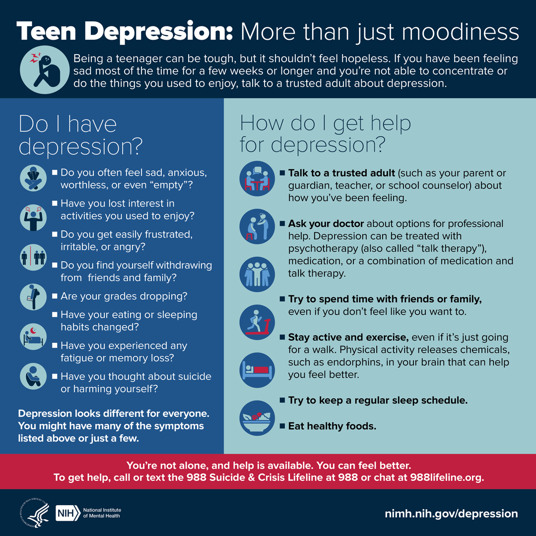 #DepressionScreeningDay 

Being a teenager can be tough, but it shouldn’t feel hopeless. Check your symptoms, and find out what you can do if you think you might have depression. go.usa.gov/xFWnV #shareNIMH