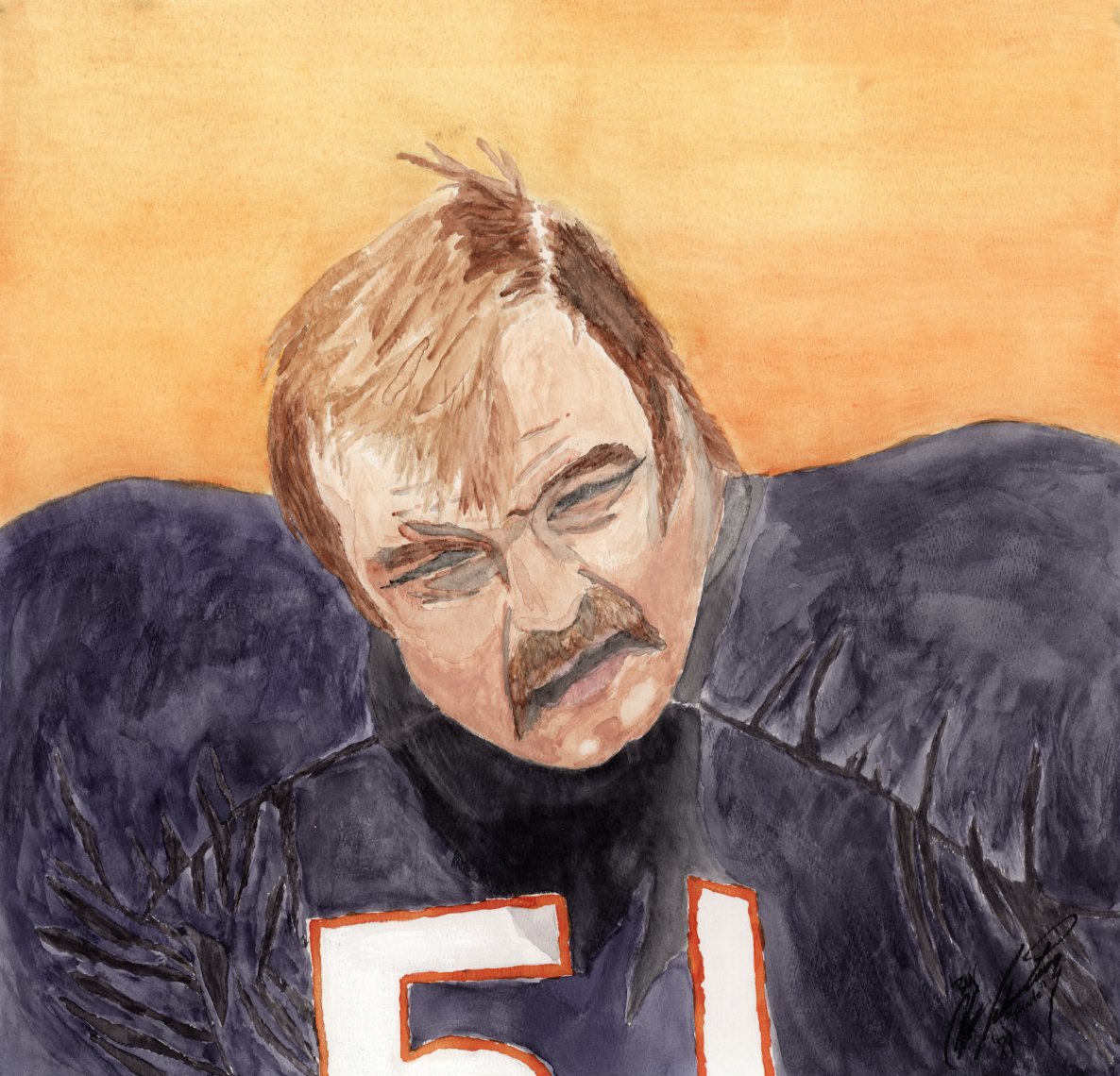 csdesign72's tweet image. My high school watercolor tribute to the greatest linebacker of all-time! Not my only reason for being a Texas born @chicagobears fan, but definitely one of the most important. Godspeed @thedickbutkus