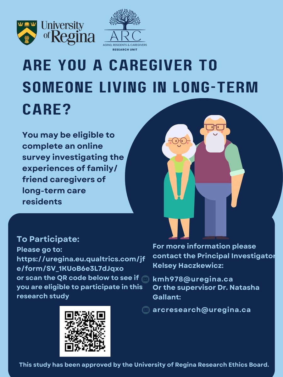 Are you an informal caregiver of a long-term care resident (e.g. a family member or friend who provides unpaid care)?

We are recruiting caregivers to complete an online survey about their experiences and needs!

To participate please follow this link: uregina.eu.qualtrics.com/jfe/form/SV_1K…