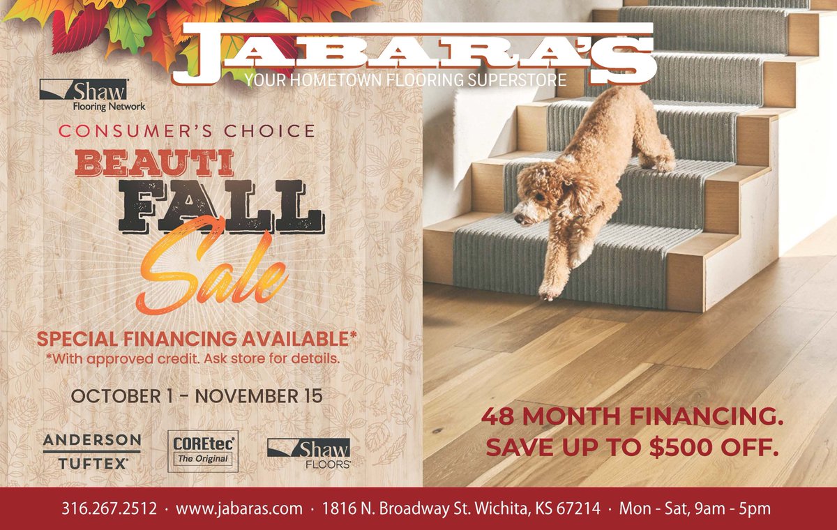 Now until November 15th, its our #BeautiFall sale! 48 mth financing on running line @Shaw <a href="/AndersonTuftex/">AndersonTuftex</a>  &amp; <a href="/Coretecfloors/">CoretecFloors</a> Shop the largest in stock selection of flooring and home improvement products in the state! #everydayisasavingsday! #Carpeting #flooring #floors #wichitaks