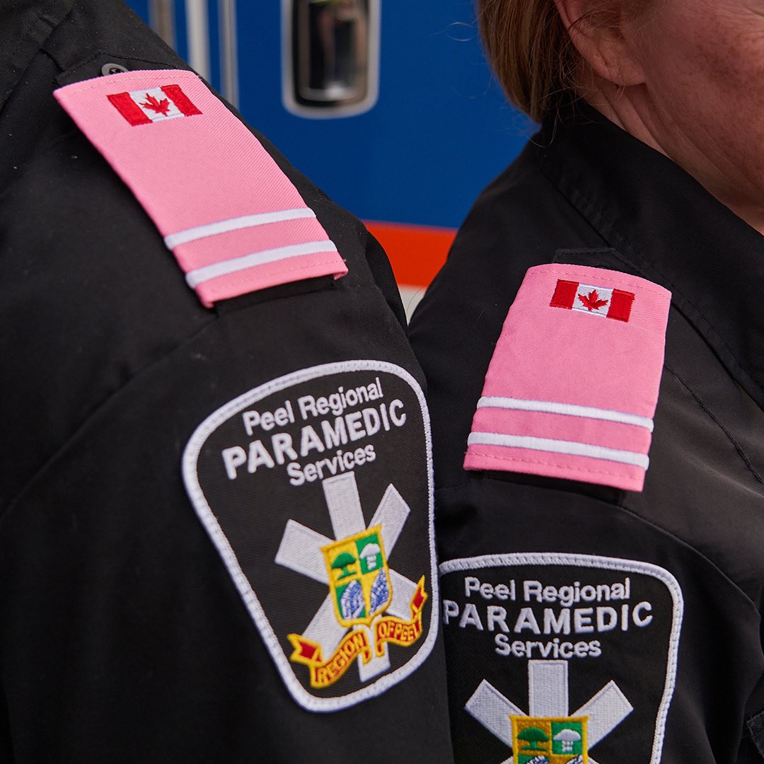 PRPS_Chief's tweet photo. This #BreastCancerAwarenessMonth Peel Paramedics wear pink to raise awareness and pay tribute to survivors and those who have lost their lives to this disease.   Get screened. Know the signs and symptoms. Early detection is key. https://t.co/vTccLmbBWl