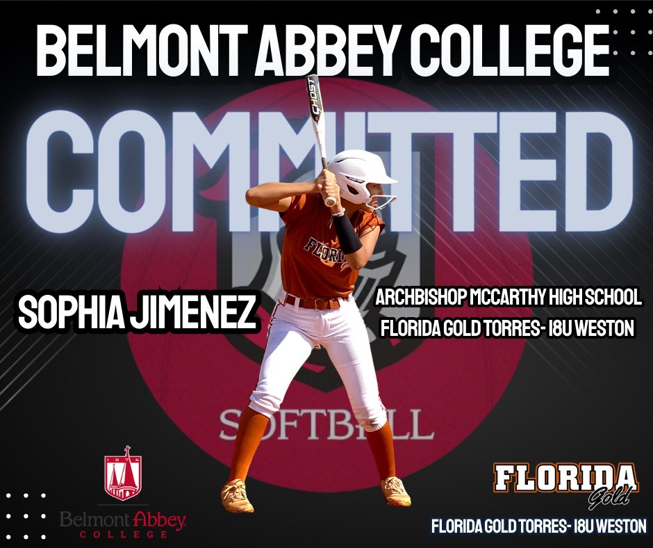 Congratulations to our Florida Gold Torres 18u-Weston player Sophia Jimenez and her family. Sophia has verbally committed to play softball for Belmont Abbey College! @SJimenez2025 #RaisetheRed #collegecommit #goldallday🧡🖤 @Coach_Tony_NC @AbbeySoftball @BelmontAbbey