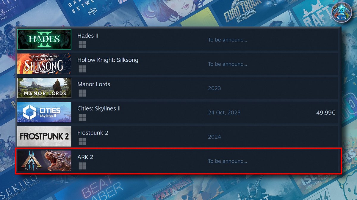 #ARK2 has made it into the top 6 most whishlisted games on Steam.