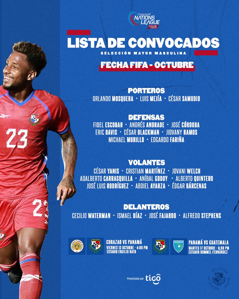 fepafut's tweet photo. ¡LOS CONVOCADOS 🇵🇦!

Aquí los llamados por el DT Thomas Christiansen para los próximos partidos de la selección #PanamáMayor 🇵🇦 por @CNationsLeague 🏆 del mes de octubre.

Más detalles ➡️ https://t.co/FwZH2DHRRz

#TodosSomosPanamá 🙌🏽 https://t.co/PWS48613l8