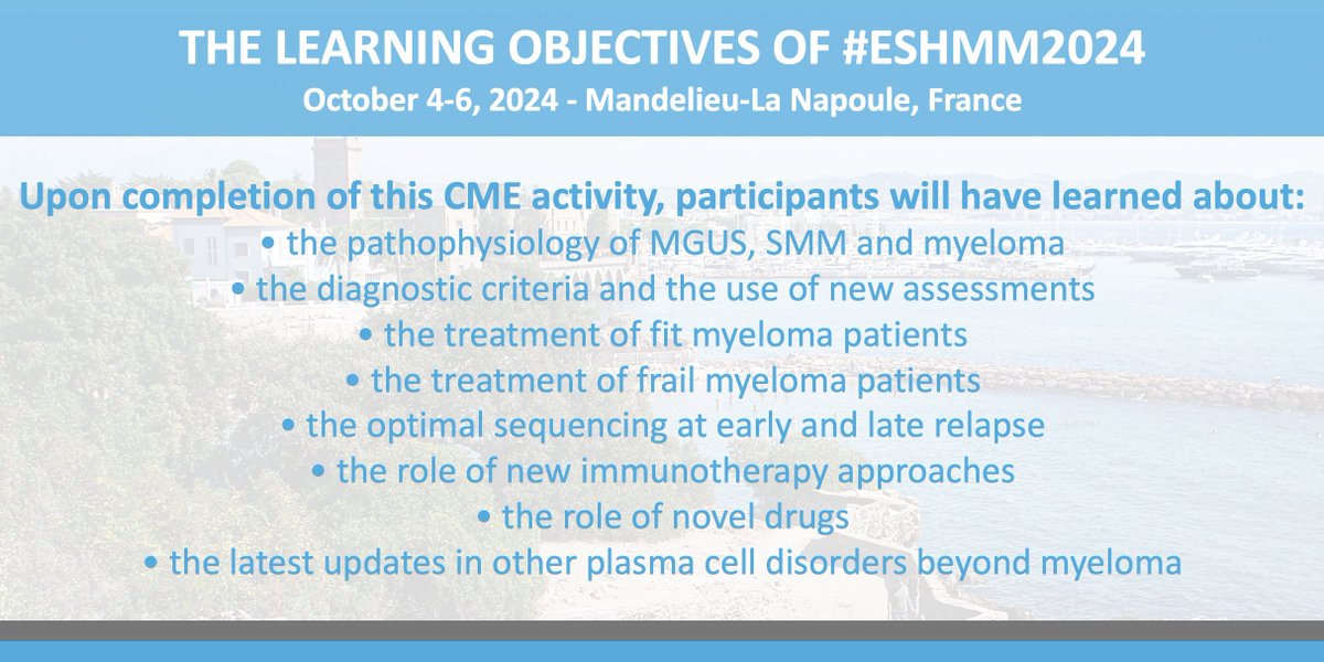 📣 PRESENTING THE LEARNING OBJECTIVES OF #ESHMM2024!
For more info & to register ➡ bit.ly/3WOpbaI
7th Translational Research Conference
MULTIPLE #MYELOMA
🗓️ October 4-6, 2024
📍 Mandelieu 🇫🇷
Chairs: Hartmut Goldschmidt, @MyMKaiser, @SLentzsch
#ESHCONFERENCES #MMsm