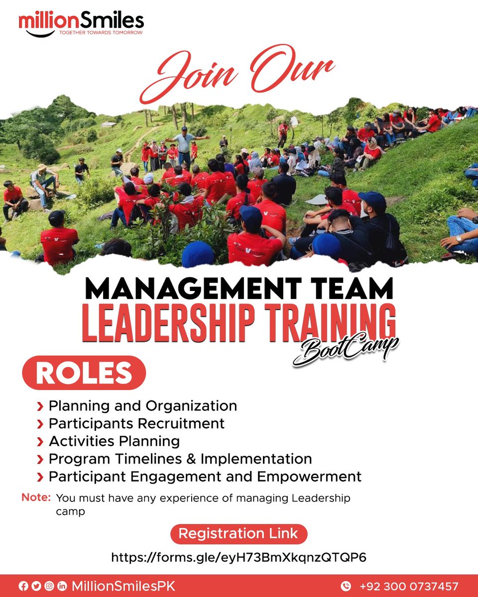 MillionSmilesPK's tweet photo. Your chance to be our Million Smiles & Become part of Management team of Leadership training Bootcamp - Trek Venture 5.0 !!

Register Now:

https://t.co/MPCYYvfYBd

You will also travel with us to "Leadership Bootcamp" in the wilderness experiential learning programme.

#leadership #leadershipcamp #leadershiptraining #experiential #experientiallearning #outdoor #management