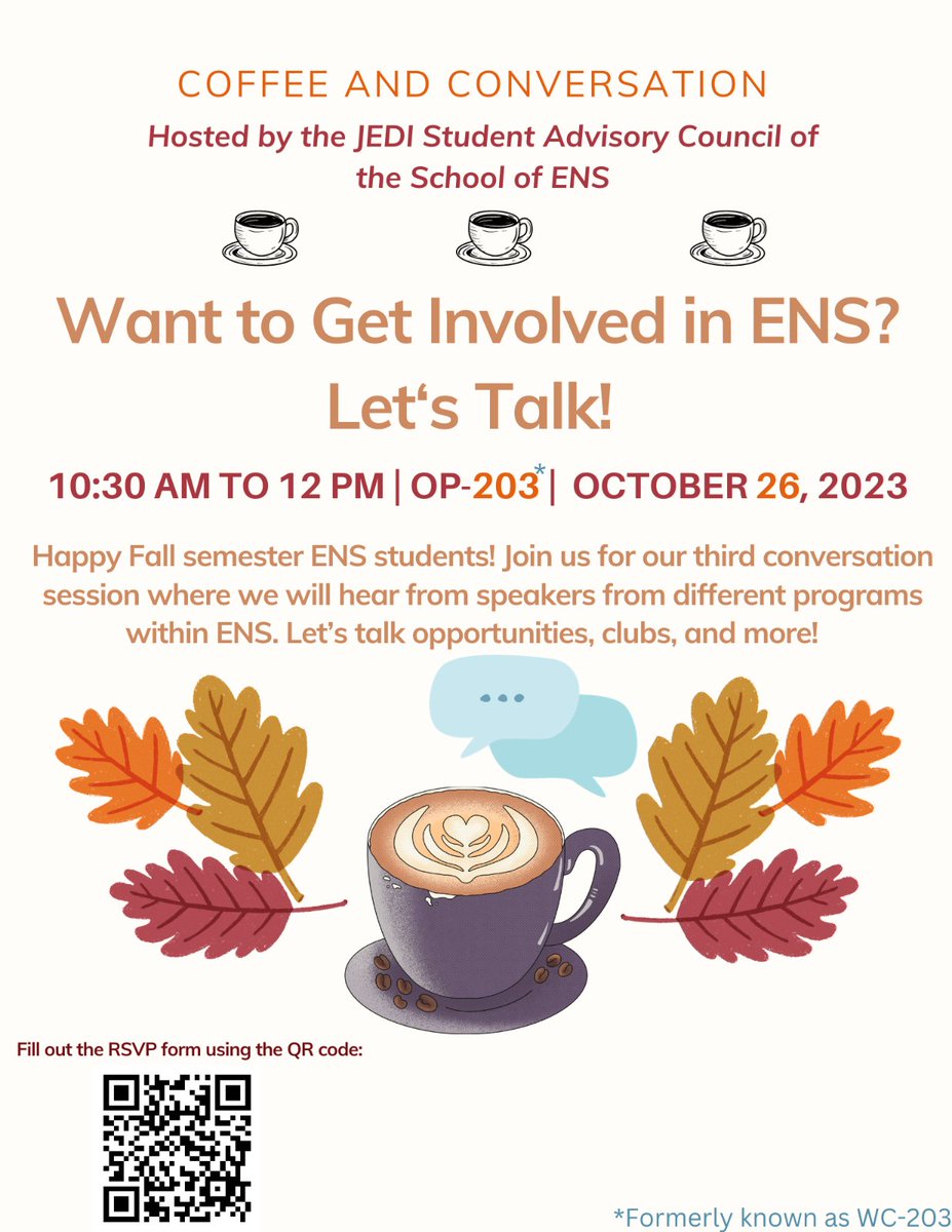 SDSU_ENS (@enssdsu) on Twitter photo We are having another COFFEE AND CONVERSATION! It will be hosted by the JEDI Student Advisory Council of the School of ENS.
Join us for presentations and Q&A sessions dedicated to ENS majors and how to get involved on campus. See you there! 
Edited · 2m We are having another COFFEE AND CONVERSATION! It will be hosted by the JEDI Student Advisory Council of the School of ENS.
Join us for presentations and Q&A sessions dedicated to ENS majors and how to get involved on campus. See you there! 
Edited · 2m