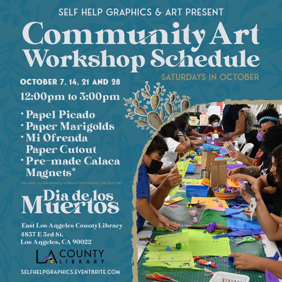 🏵️💀🏵️ Dia de los Muertos season begins this weekend! Join us for free Family Workshops
all month: Sat 10/7, 10/14, 10/21 &amp; 10/28 12-3pm at East Los Angeles County Library, located @ 4837 E 3rd St, LA, CA 90022! Register w/ Eventbrite 🔗 in bio! #DiadelosMuertos #SHGDOD