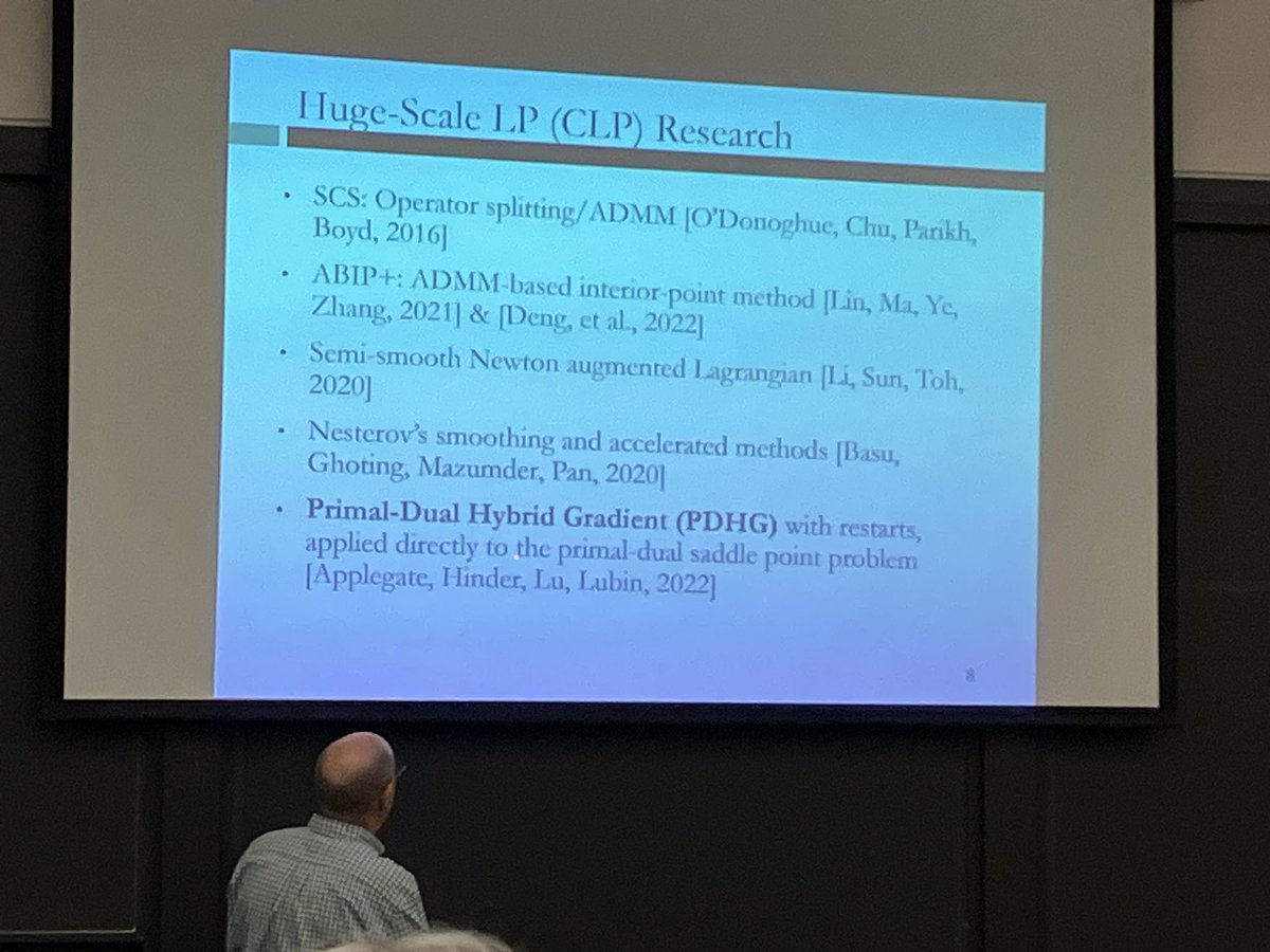 thserra's tweet photo. From Rob to Bob: Robert Freund gives an interesting perspective on Bob’s top 5 contributions in his opinion, and also outlines the progress on linear programming algorithms from Dantzig to Applegate et al. at #BobFest #orms https://t.co/to3QM3UD5j