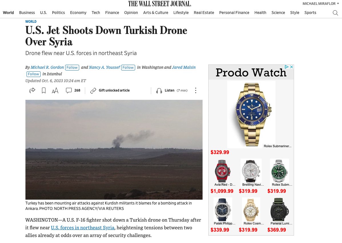 michaelmiraflor's tweet photo. A programmatic Google AdSense 300x600 or 336x850 display ad for fake luxury watches (not even high-quality replicas, just mainstream dupes) on a hard news section of the WSJ.

This is where we're at with digital advertising. Race to the bottom. https://t.co/n0nUfDVLUX