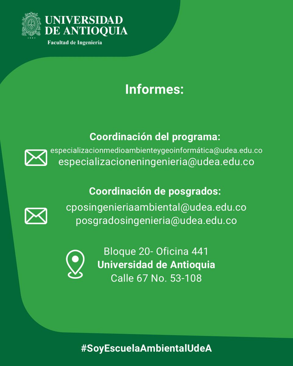 ¡Estamos en inscripciones para los programas de #posgrado! 

🌱La Especialización en #MedioAmbiente y #Geoinformática se basa principalmente en el procesamiento de datos, diseño y ajuste de modelos para el análisis y gestión de problemáticas ambientales.

#SoyEscuelaAmbientalUdeA