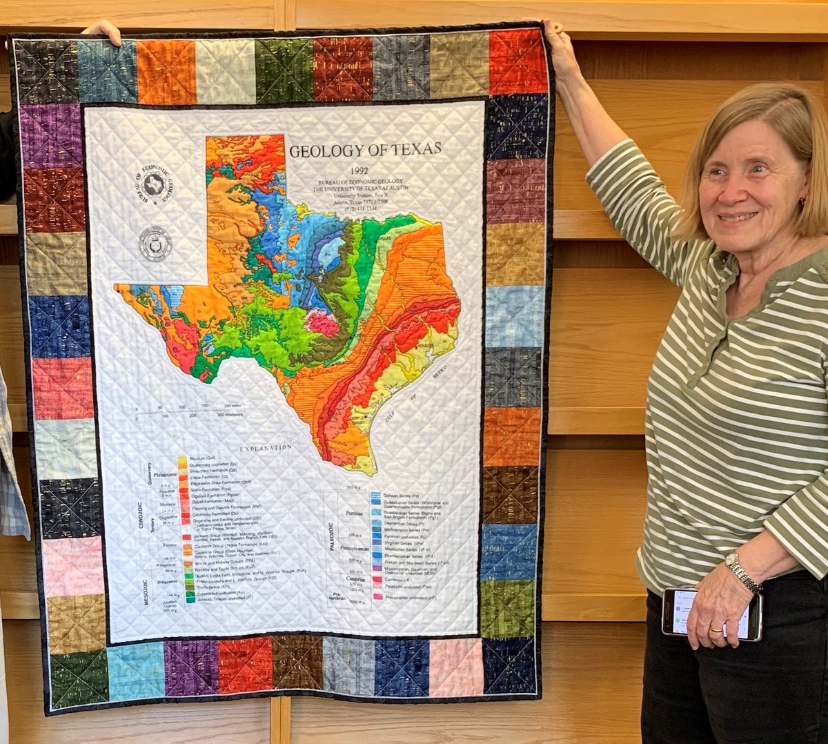 UTGeoLib's tweet image. Geology of Texas quilt made by former Life Science librarian, Nancy Elder. #texas #quilting #libaries