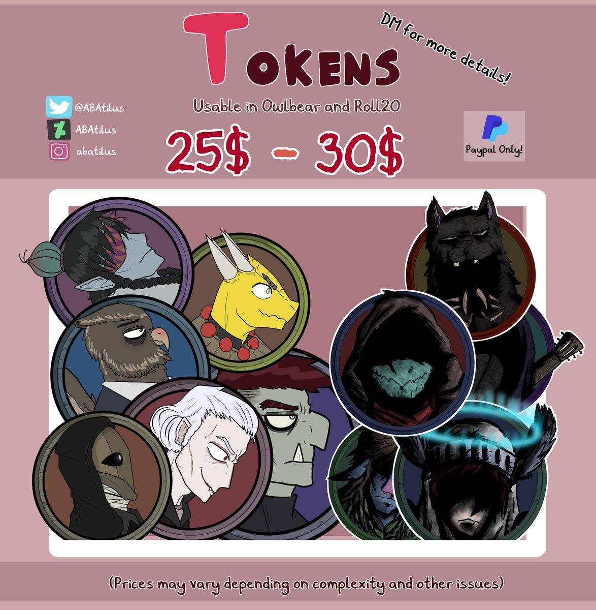 Changing up a few prices, but once again opening up commissions! -All payments done through paypal. -Simple plain backgrounds (With a fancy square behind) -Prices for some pieces may vary. -If you got any questions feel free to ask! #commissionsopen