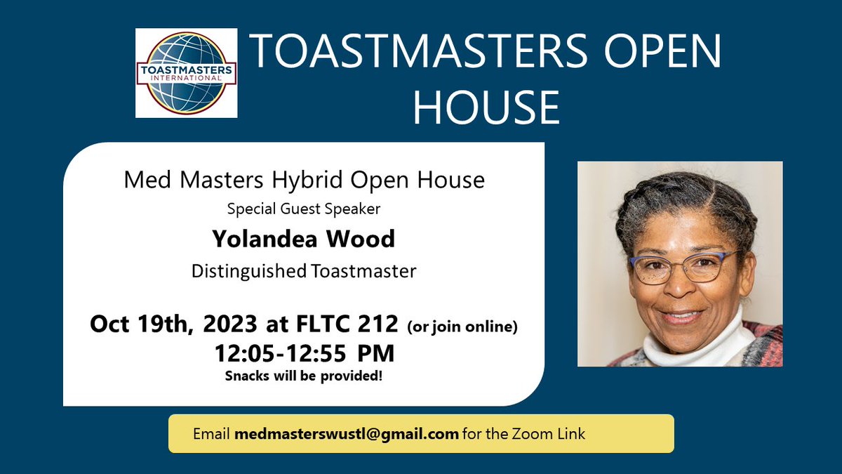 WashUMedMasters's tweet photo. Interested to become a more effective communicator? Join us for a session with our special guest speaker Distinguished Toastmaster Yolandea Wood! All members and guests are welcomed. Hope to see you there! https://t.co/5uDhmidJy3