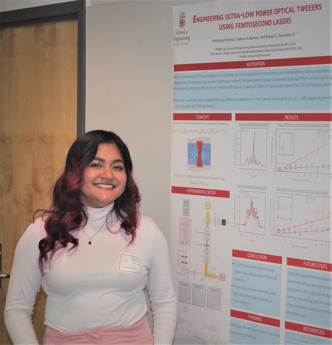 JoshuaABurrow's tweet photo. BME PhD student in the PROBE Lab, Krishangi Krishna walked away with a best poster award at #BostonPhotonicsDay for her work on femtosecond optical tweezing. Go Krish! If you're at @OpticaWorldwide FiO next week, check out her talk on Wedn. https://t.co/QVDY2yXuun