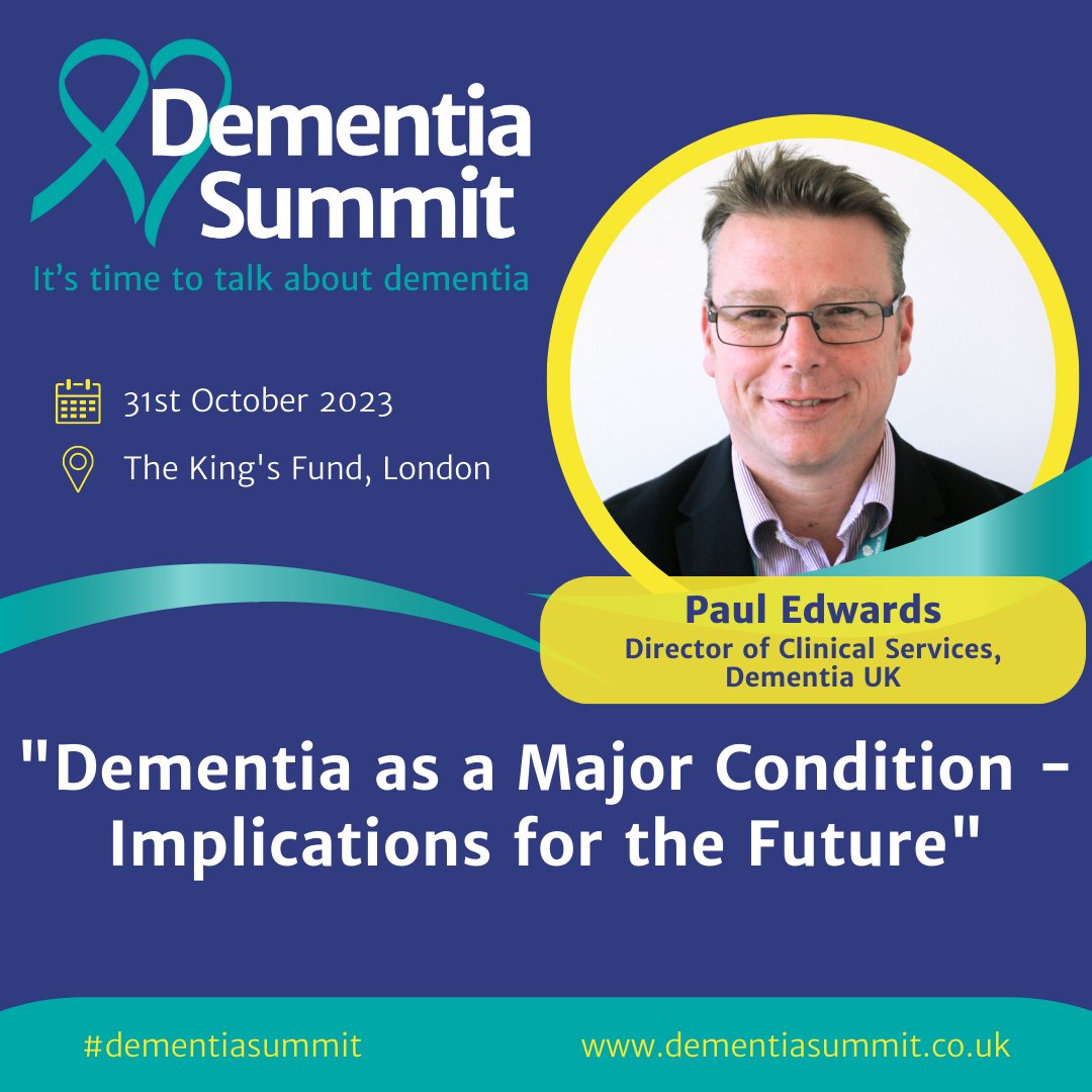 DementiaUK's tweet photo. Our Director of Clinical Services, @PaulDemUK will be giving a talk on 'Dementia as a Major Condition - Implications for the Future' @dementia_summit on Tuesday 31st October.

Book your ticket here: https://t.co/b55WLzF7Xx

#DementiaSummit https://t.co/SXK11IW4sI